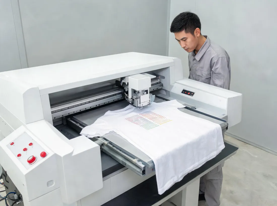 Ricoh DTG production printer operating with a garment platen