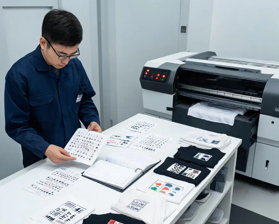 Application technician reviewing printer diagnostics and output samples